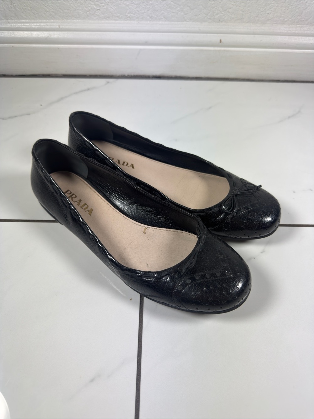Prada Black Patent Leather Ballet Flats with Bow Accent